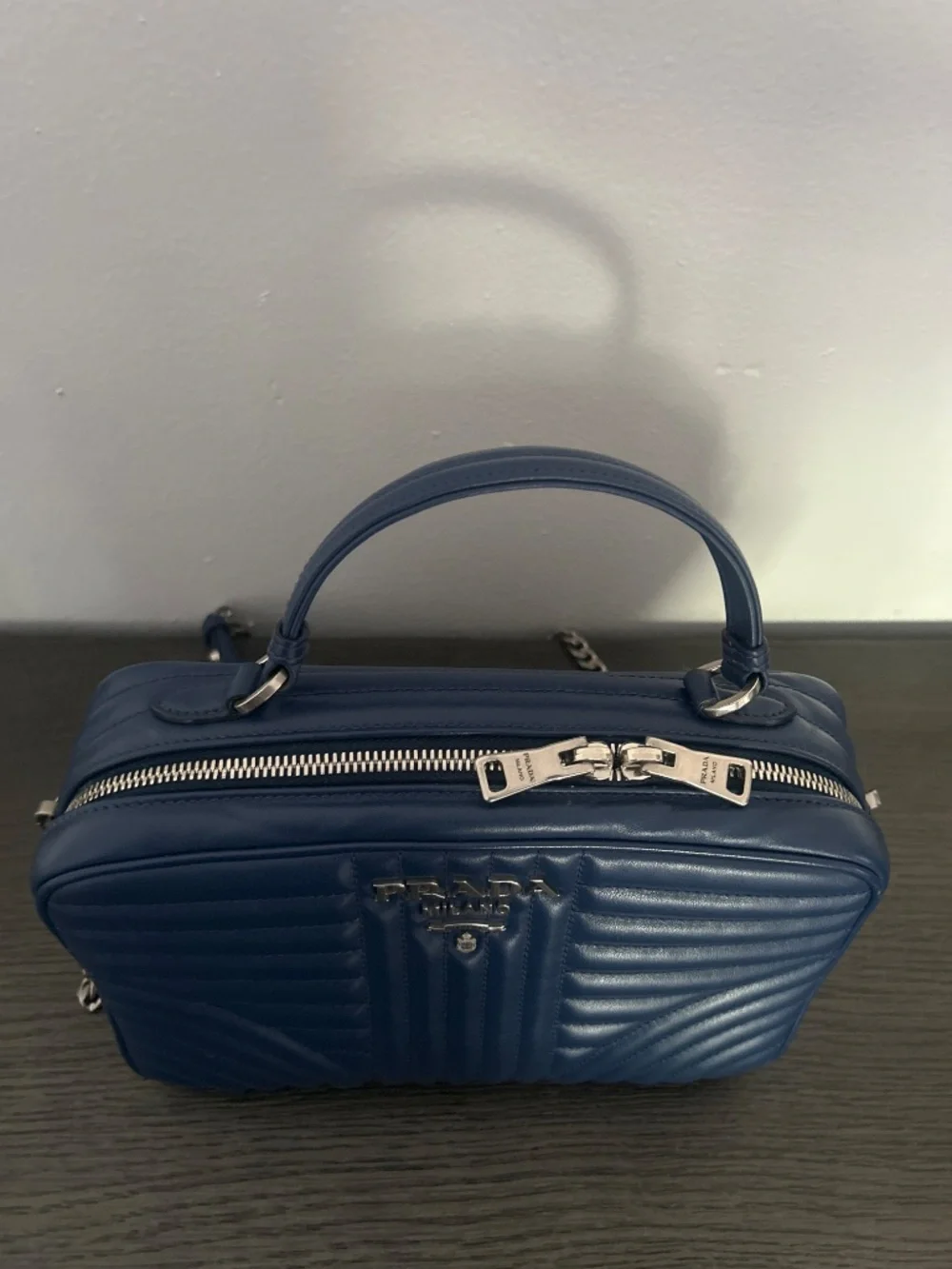 Prada Diagramme Medium Quilted Leather Top Handle Shoulder Crossbody Bag Navy